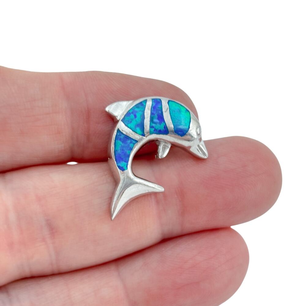 Vintage Sterling Silver 925 Blue Opal Inlay Dolphin Pendant